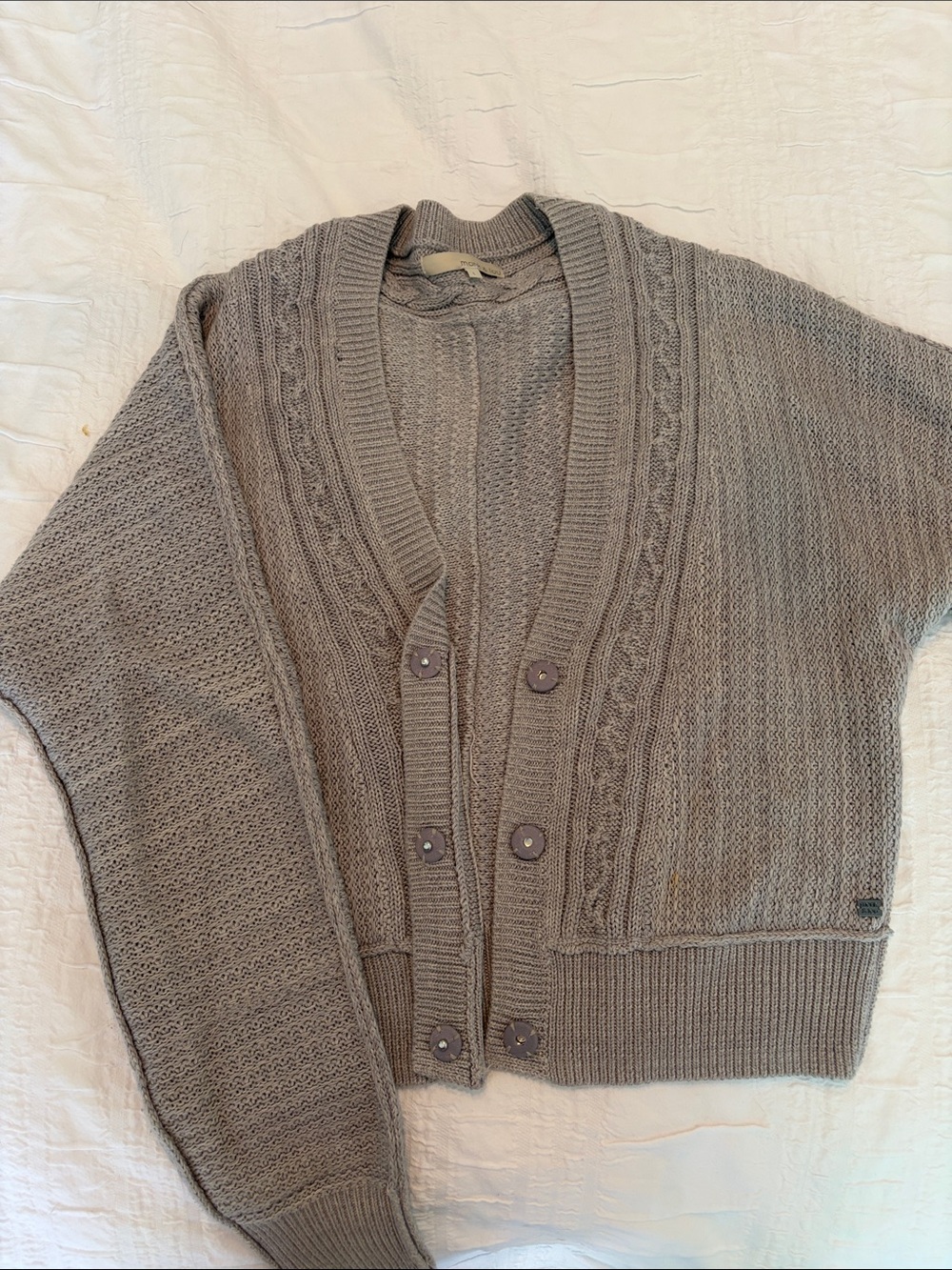 Light Gray Cable-Trim Open Cardigan Sweater - Picture 5 of 5